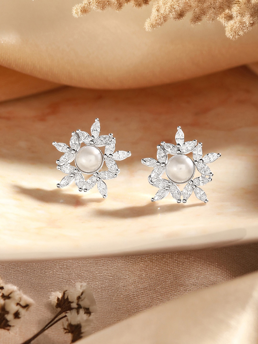 

SARAF SILVERETZ 925 Sterling Silver-Plated Zircon Studded & Pearls Beaded Floral Studs