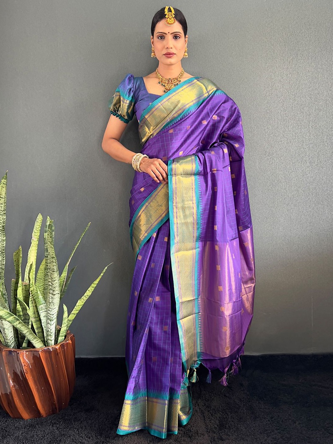 

LeeliPeeri Designer Woven Design Zari Silk Cotton Ready to Wear Saree, Purple