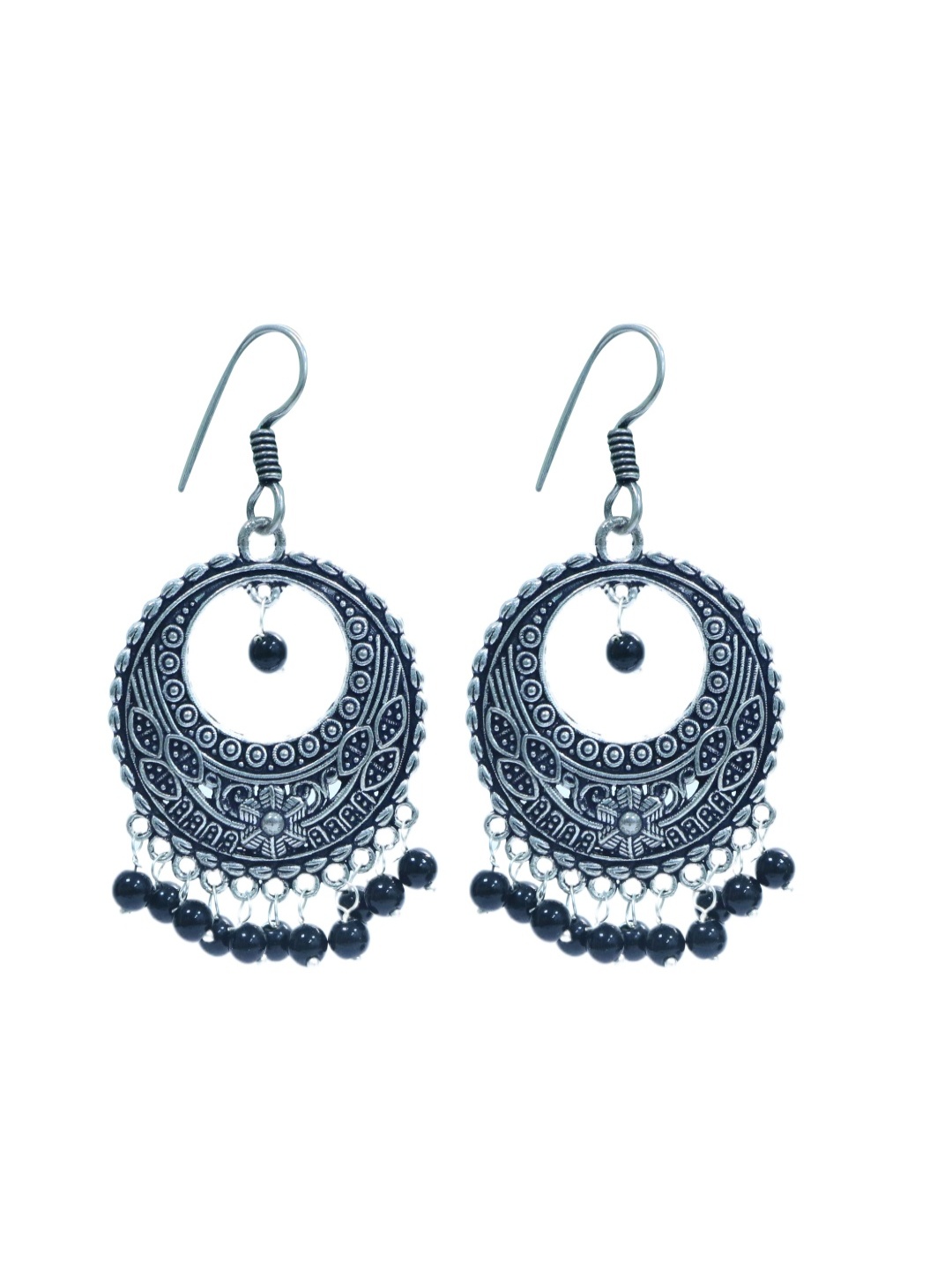 

Abhooshan Silver-Plated Artificial Beaded Oxidised Circular Shaped Jhumkas, Black