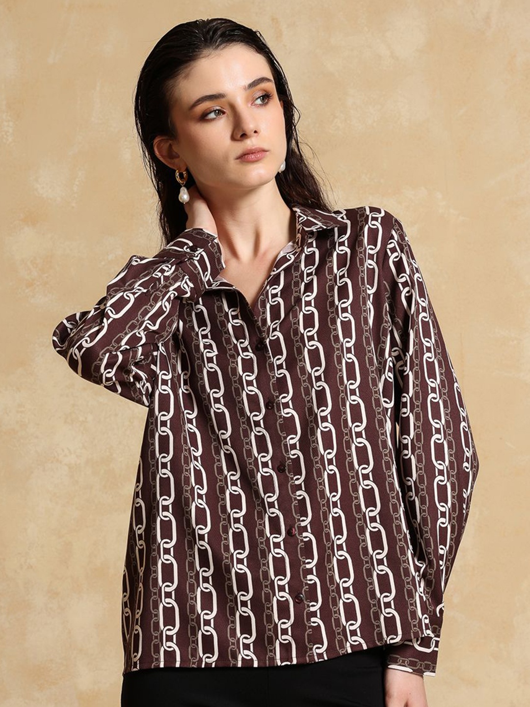 

Kazo Women Opaque Printed Formal Shirt, Brown