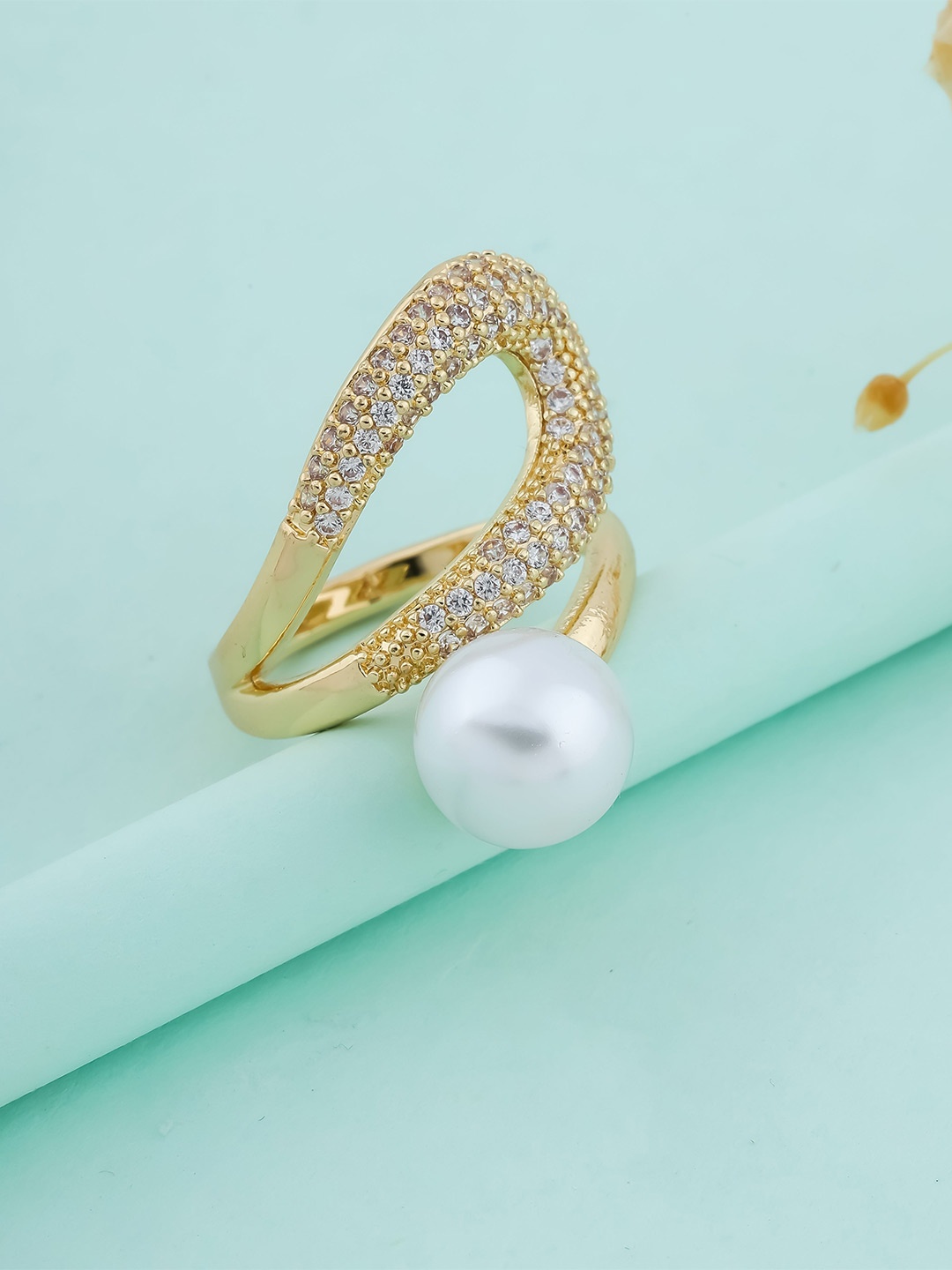 

DressBerry Artificial Stones Studded & Beaded Stainless Steel Adjustable Finger Ring, Gold