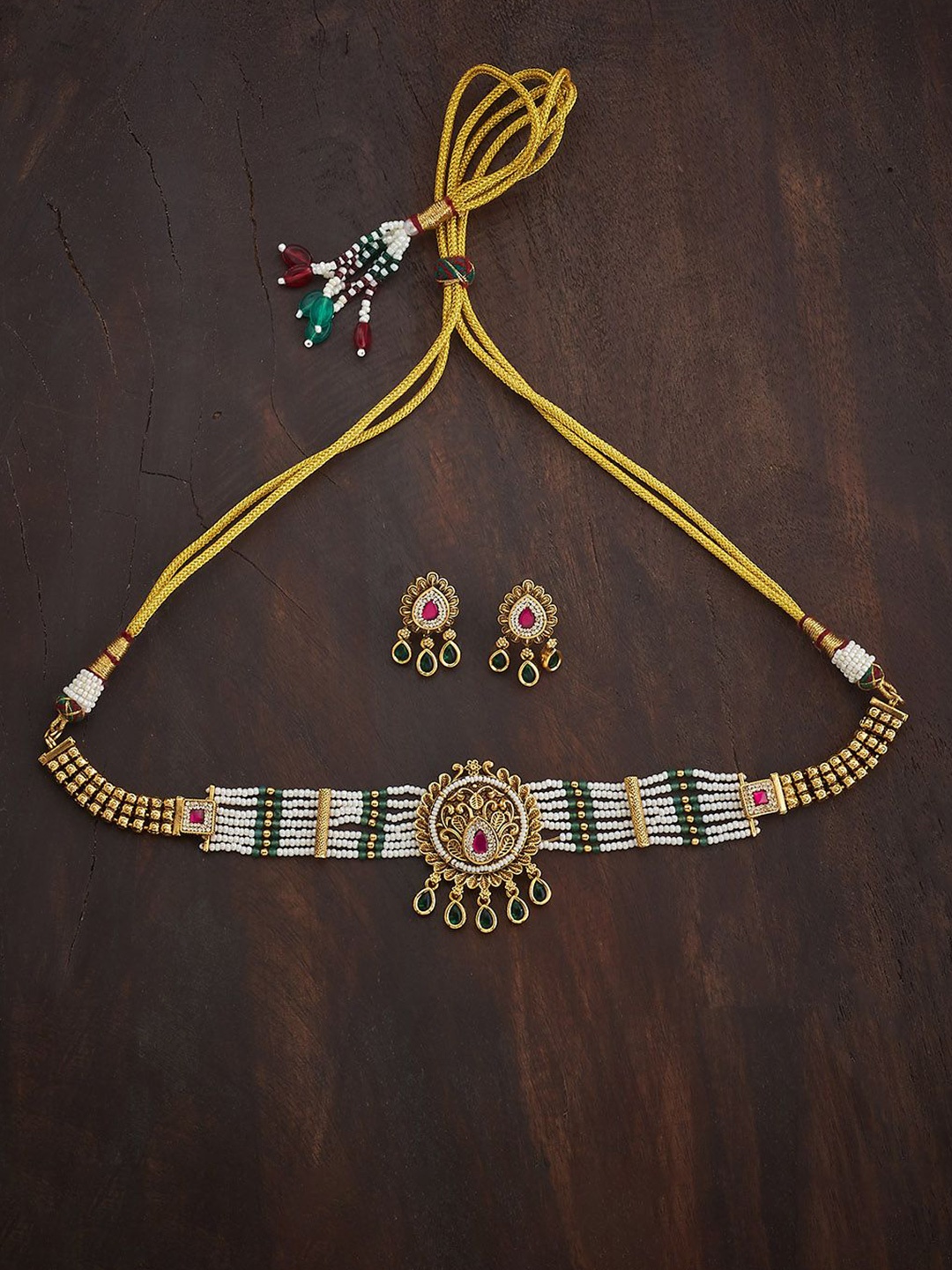 

Kushal's Fashion Jewellery Ruby-Green Gold-Plated Ethnic Antique Jewellery Set