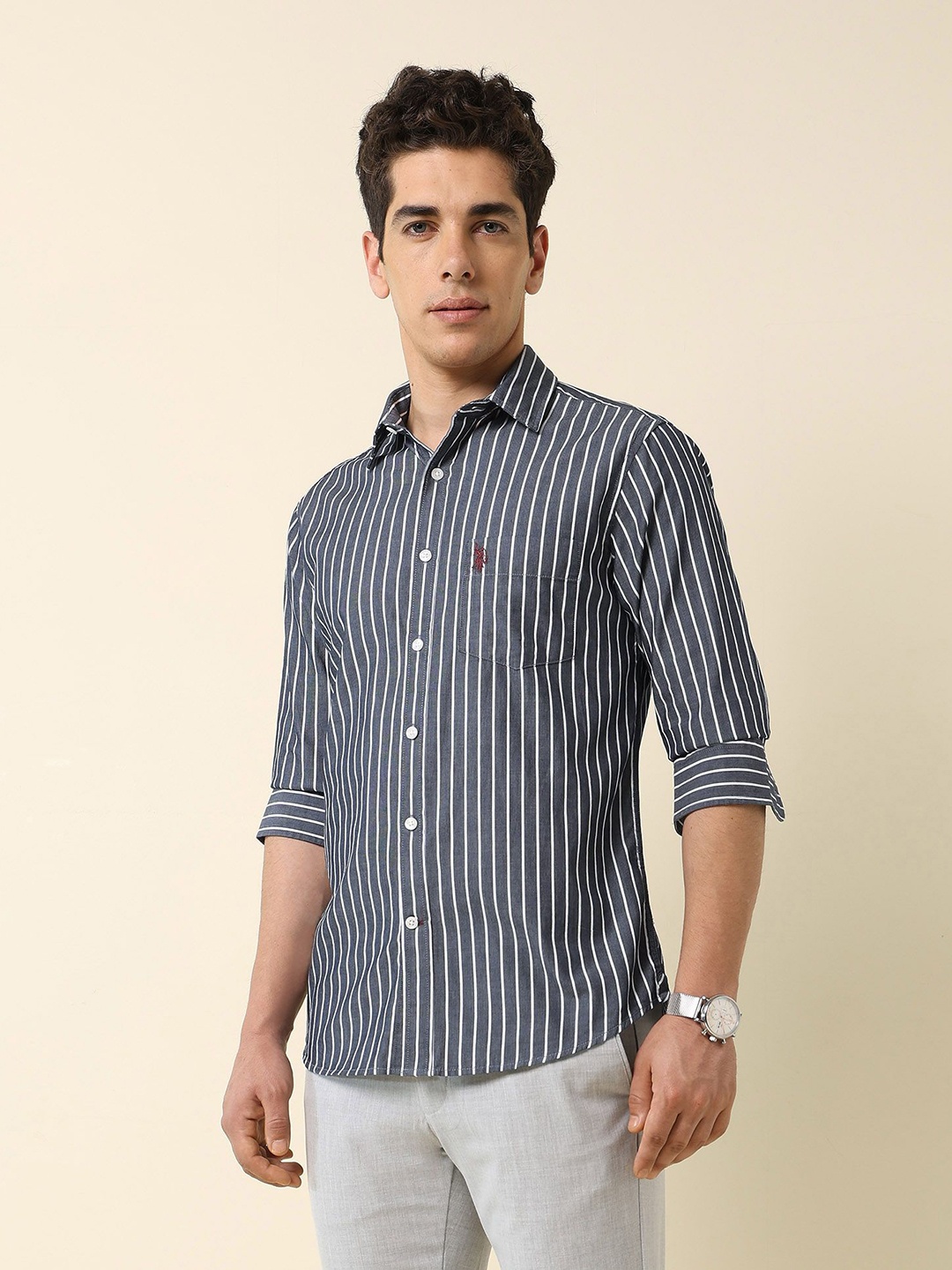 

U.S. Polo Assn. Men Classic Tailored Fit Opaque Striped Casual Shirt, Blue