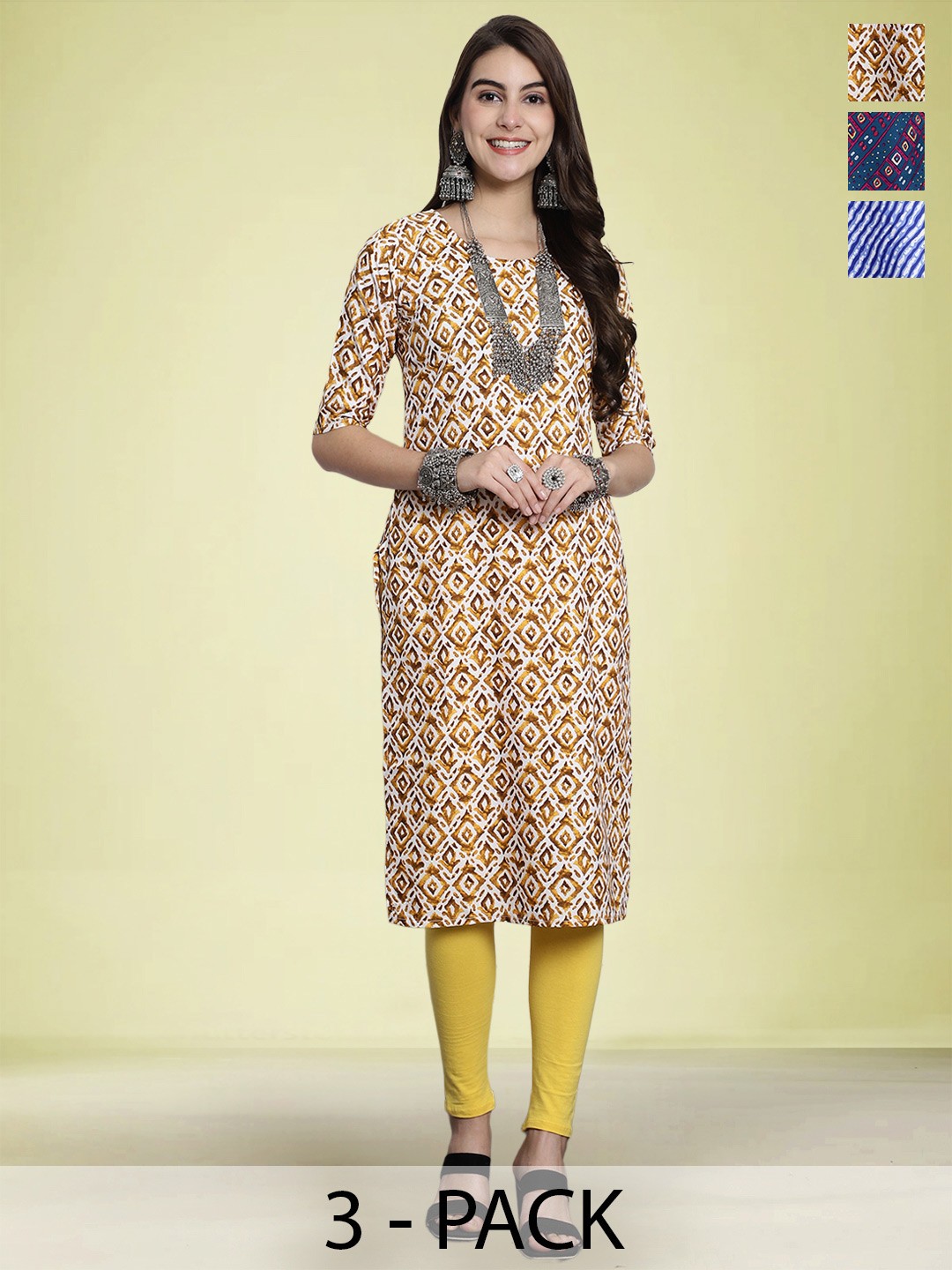 

Moda Rapido Selection Of 3 Geometric Printed Round Neck Straight Kurtas, Yellow