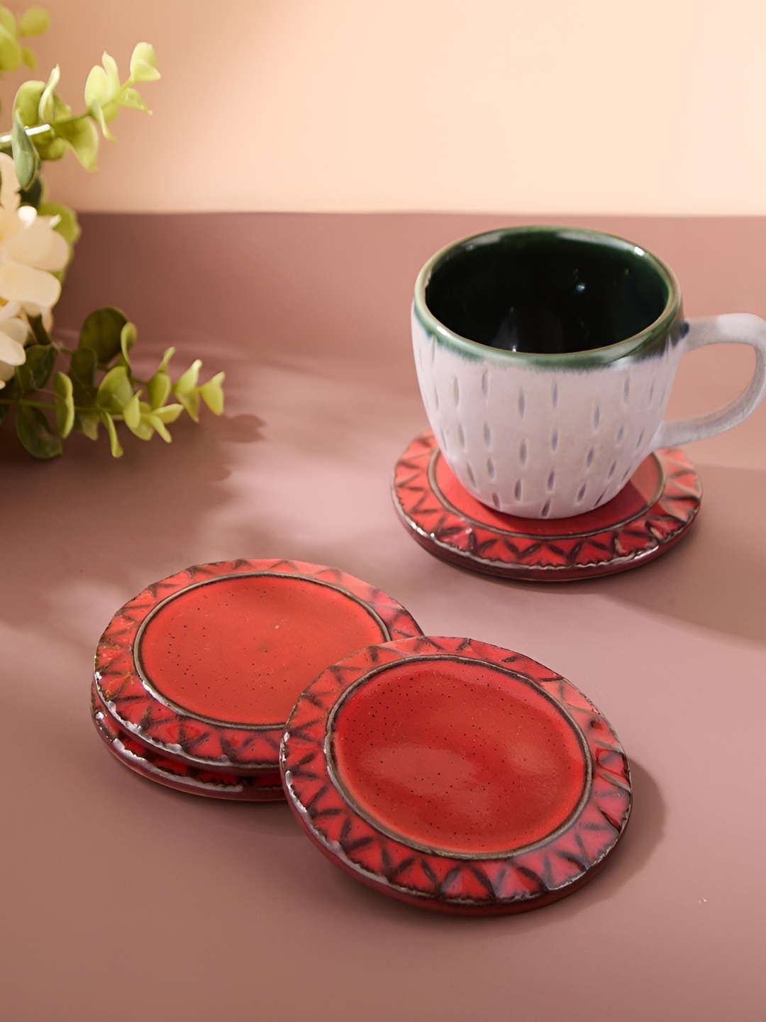 

Fabindia Red 4 Pieces Ceramic Textured Round Coasters