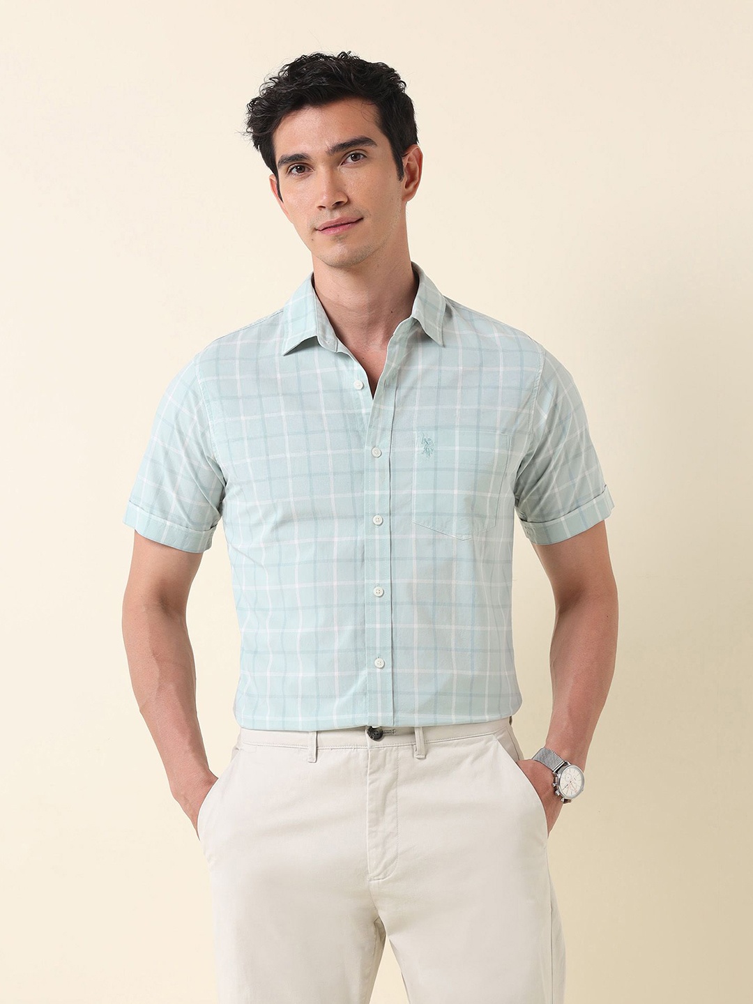 

U.S. Polo Assn. Men Classic Tailored Fit Opaque Checked Casual Shirt, Green