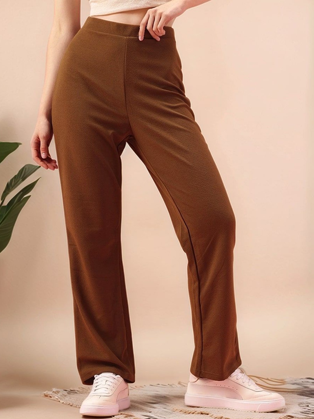 

Mast & Harbour Women High-Rise Easy Wash Trousers, Coffee brown