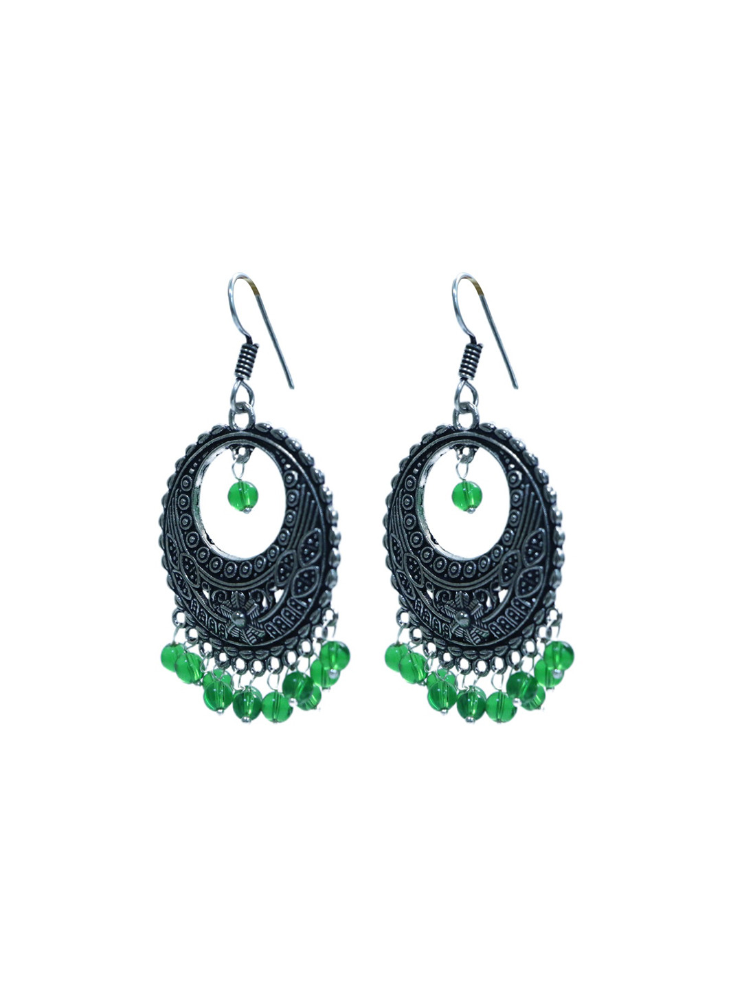 

Abhooshan Silver-Plated Artificial Beaded Oxidised Circular Shaped Jhumkas, Green