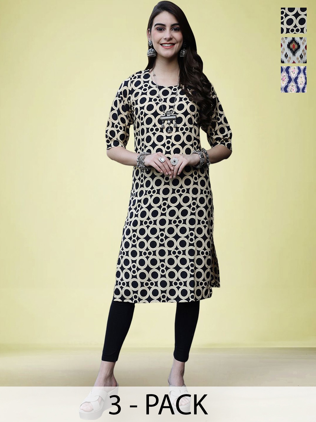 

Moda Rapido Selection Of 3 Floral Printed Round Neck Straight Kurtas, Blue