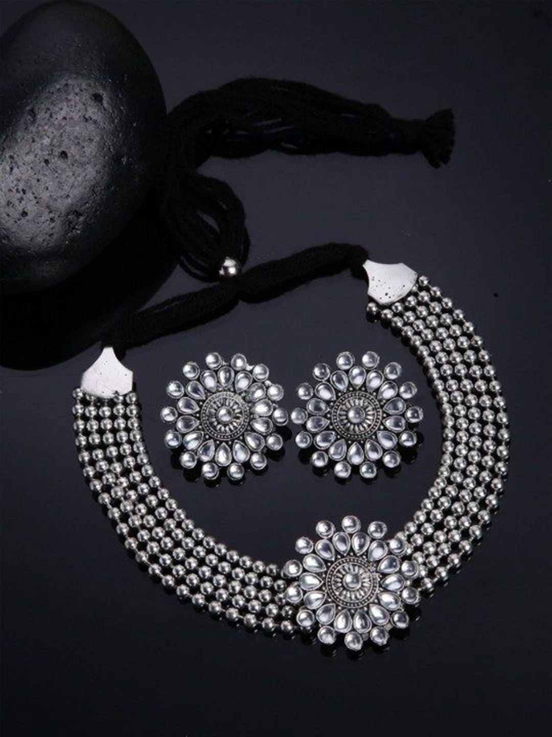 

JMBW INTERNATIONAL Silver-Plated Artificial Stones Studded Oxidised Jewellery Set