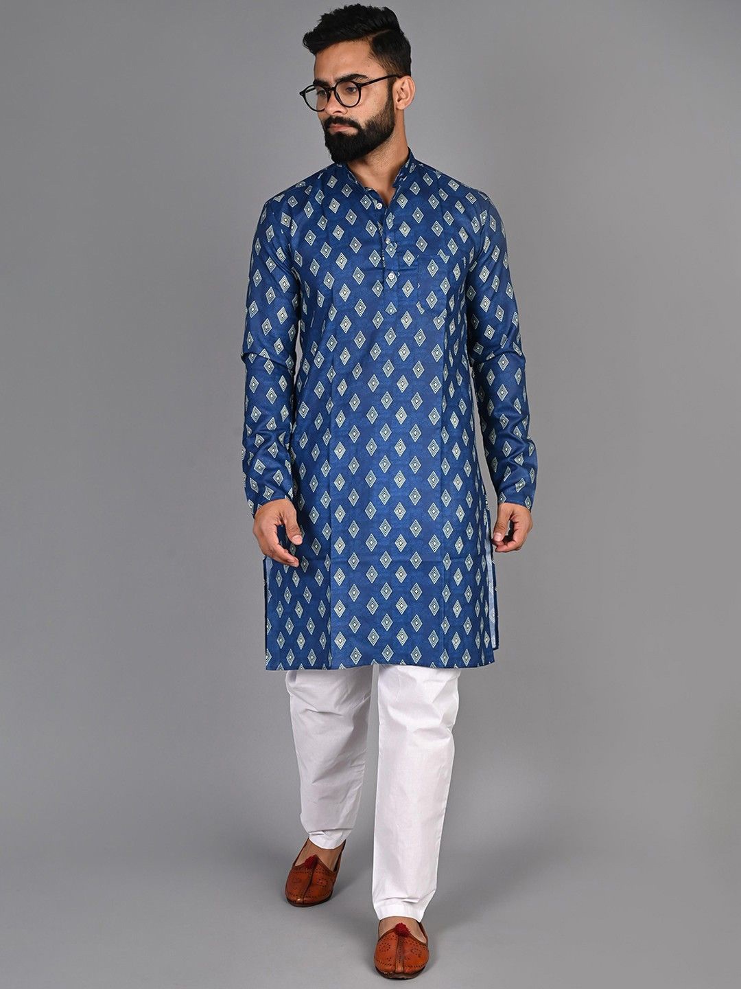 

PulseIQ Men Printed Regular Pure Cotton Kurta with Pyjamas, Blue