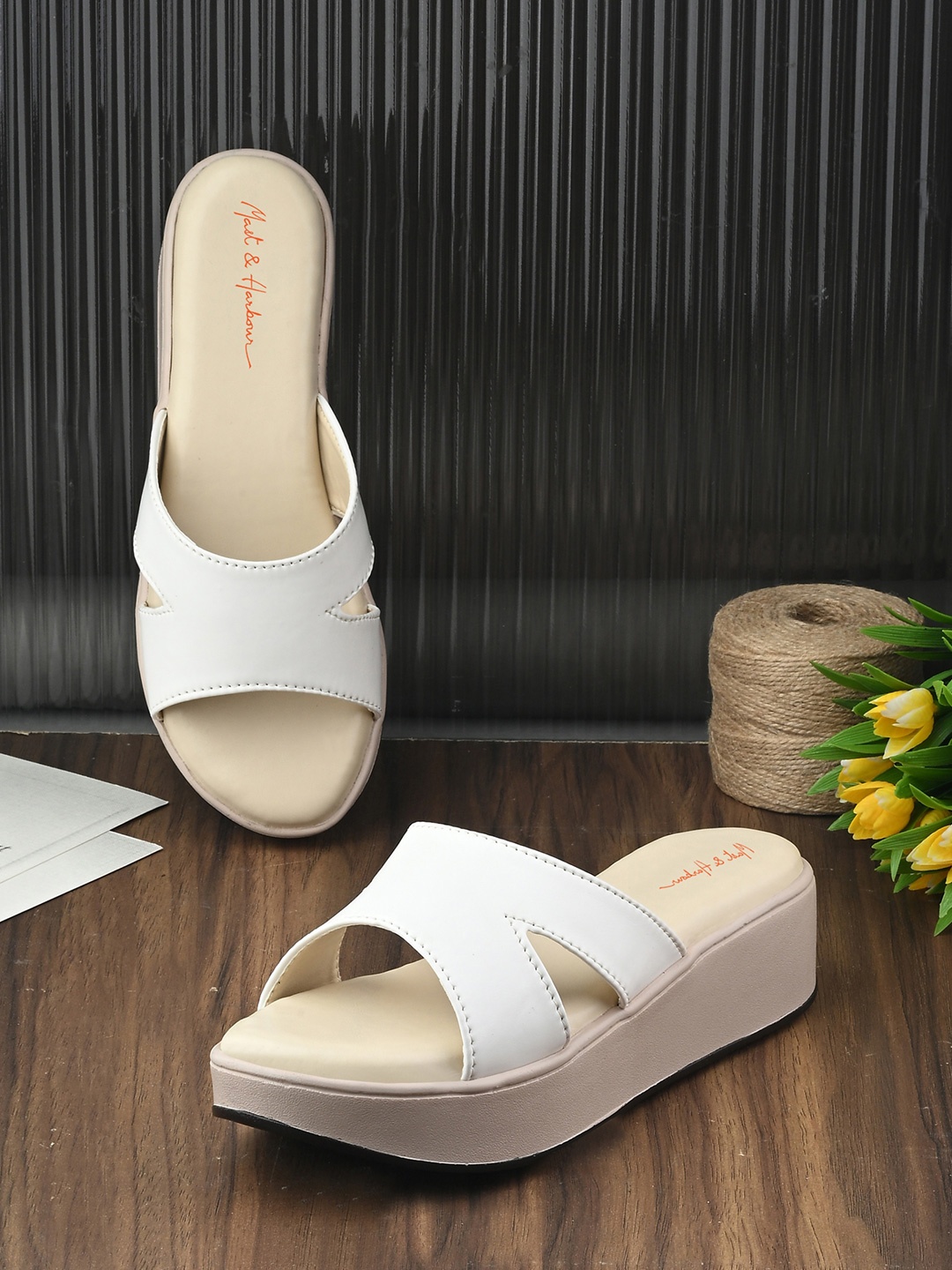

Mast & Harbour Embellished Wedge Sandals with Buckles, White