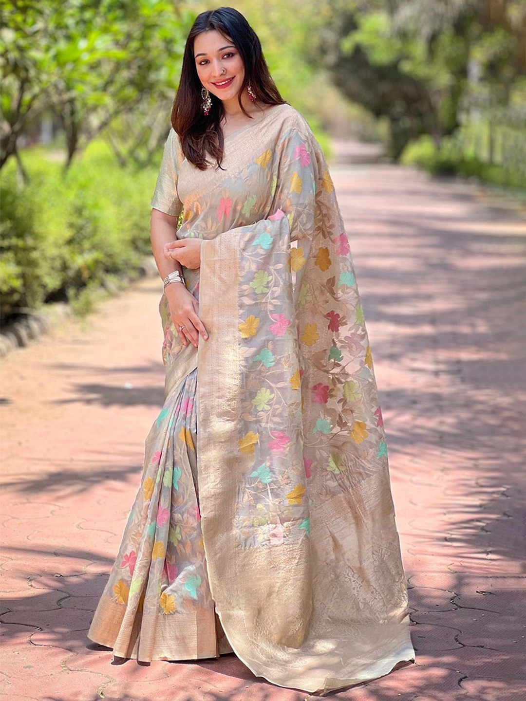 

all about you Woven Design Zari Silk Blend Banarasi Saree, Grey