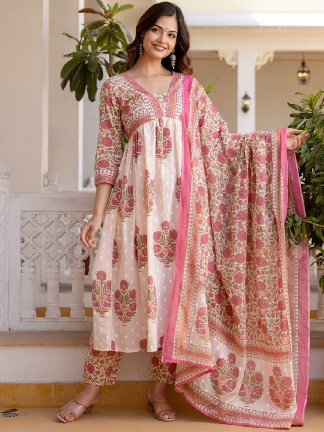 

KALINI Women Floral Printed Regular Phulkari Kurta with Palazzos & With Dupatta, White
