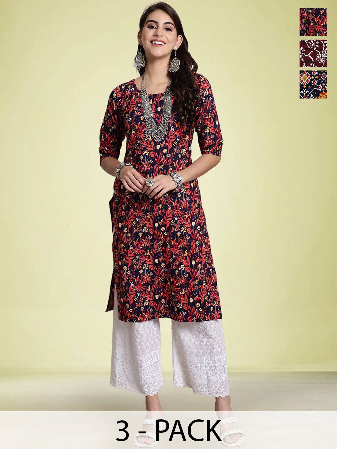 

Moda Rapido Selection Of 3 Floral Printed Round Neck Straight Kurtas, Blue