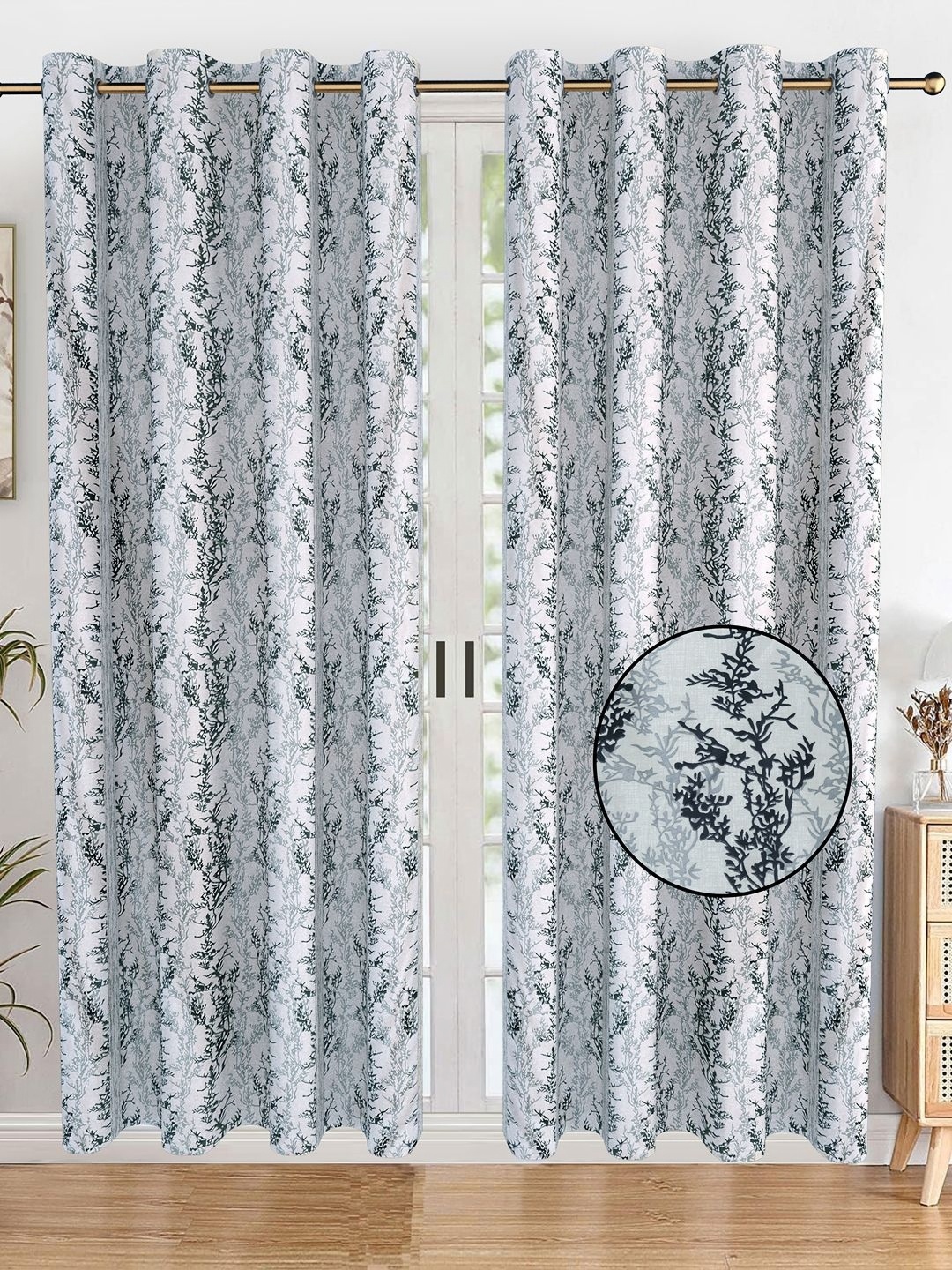 

AVI Black & White Set of 2 Floral Door Curtain