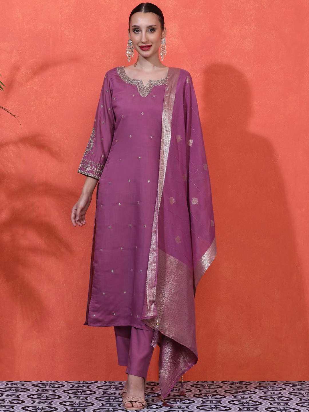 

Sangria Women Sequinned Embroidered Kurta With Trouser & Dupatta, Purple