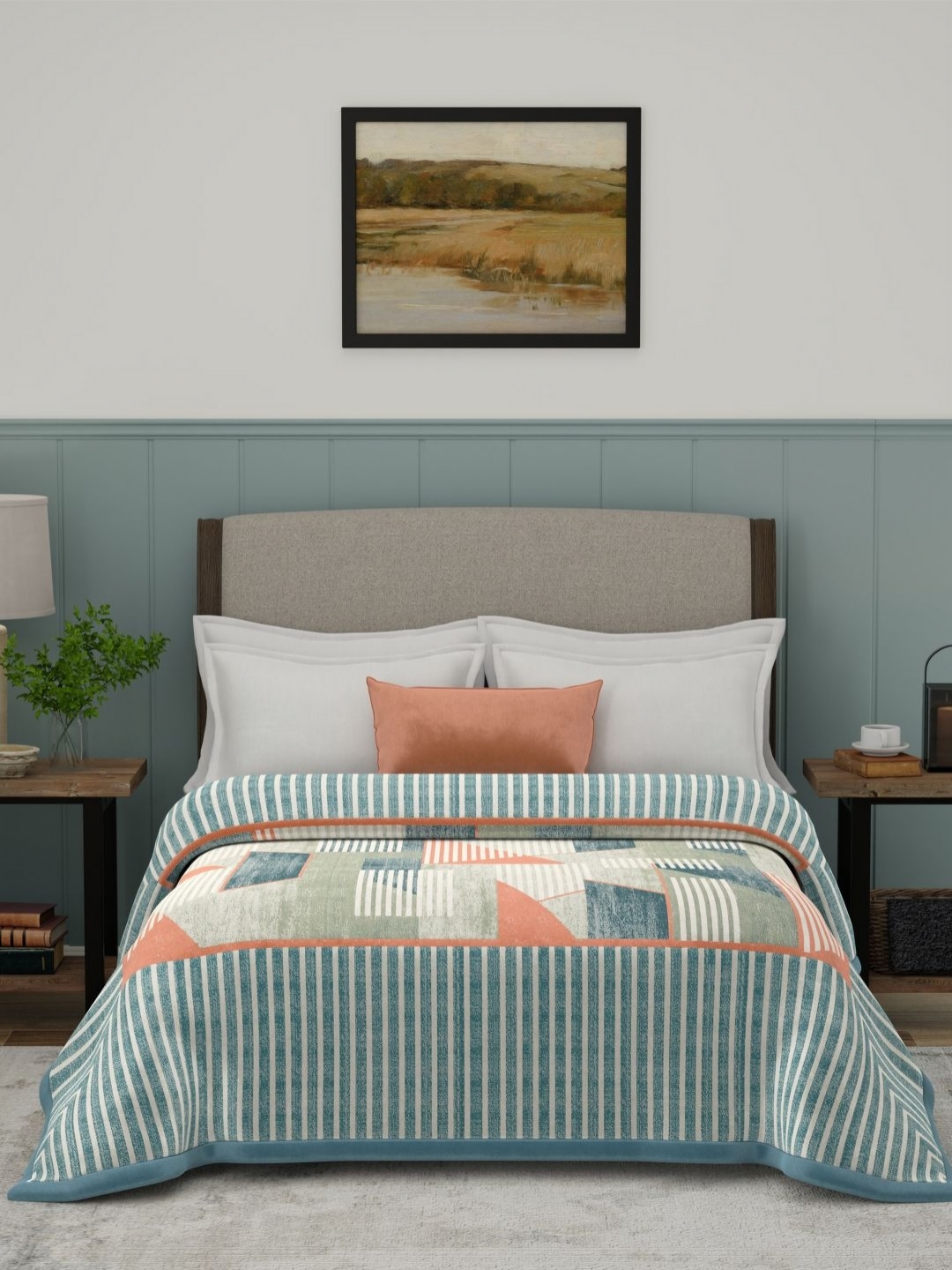 

MYTRIDENT Green & White Geometric Heavy Winter Double Bed Blanket