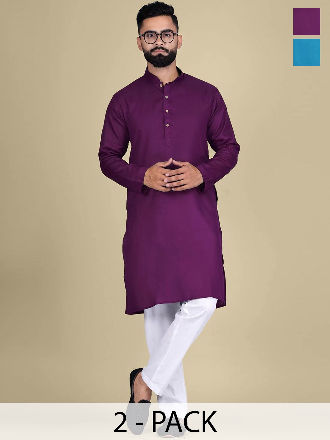 

Moda Rapido Selection Of 2 Mandarin Collar Straight Kurtas, Purple