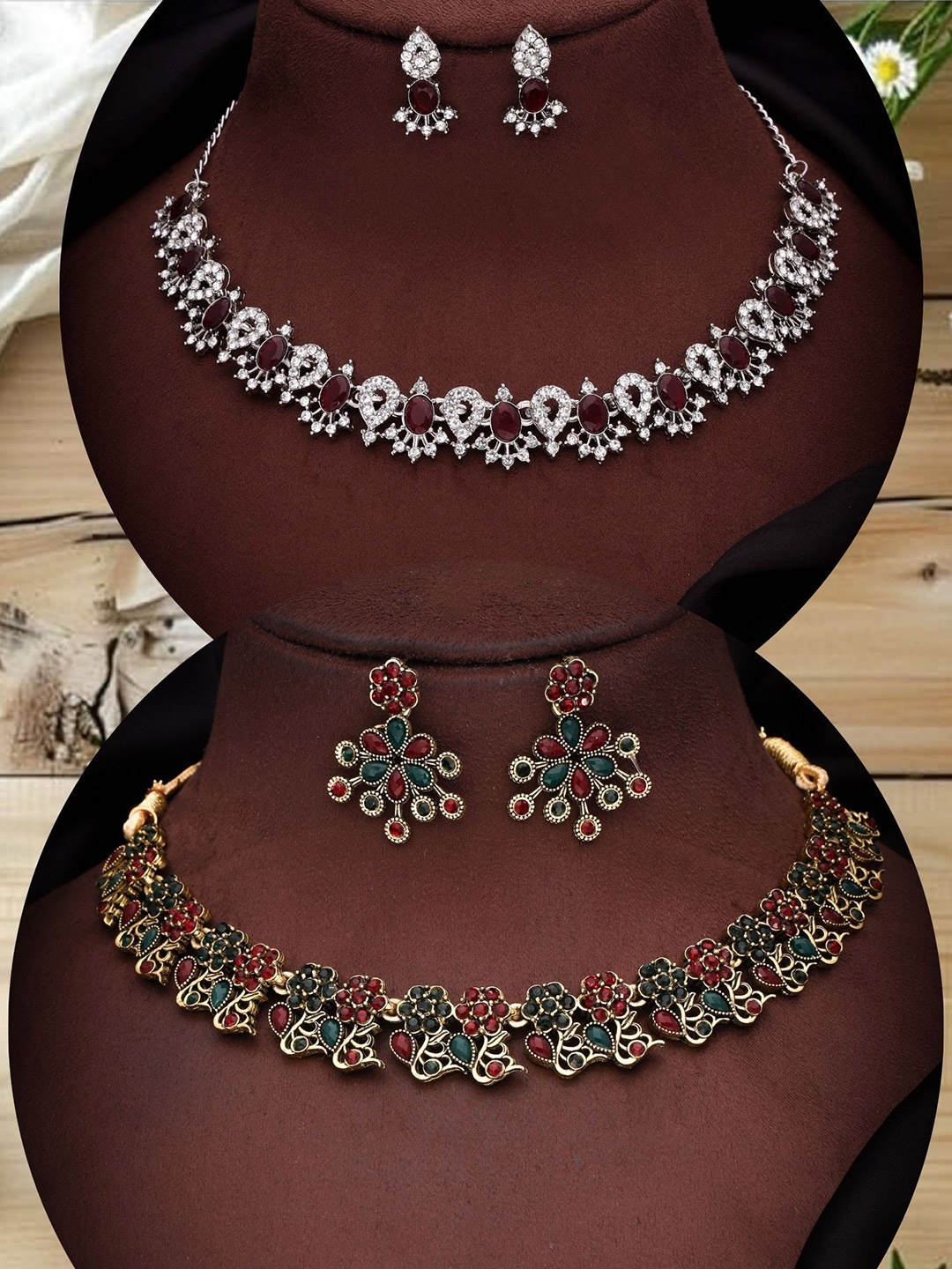

DIVASTRI Set Of 2 Silver-Plated American Diamond Studded Jewellery Set, Gold