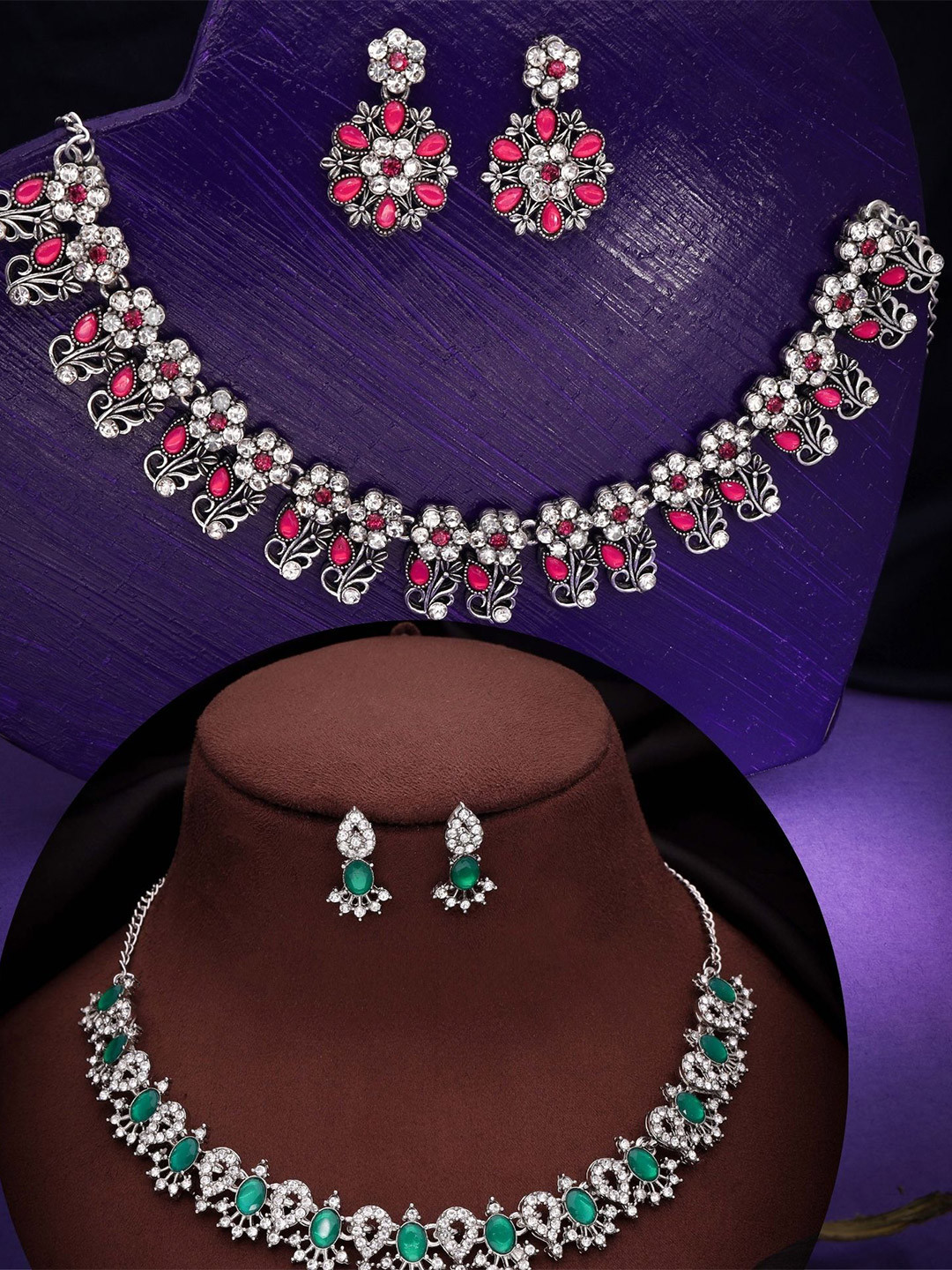 

DIVASTRI Set Of 2 Silver Plated American Diamonds Studded Jewellery Set
