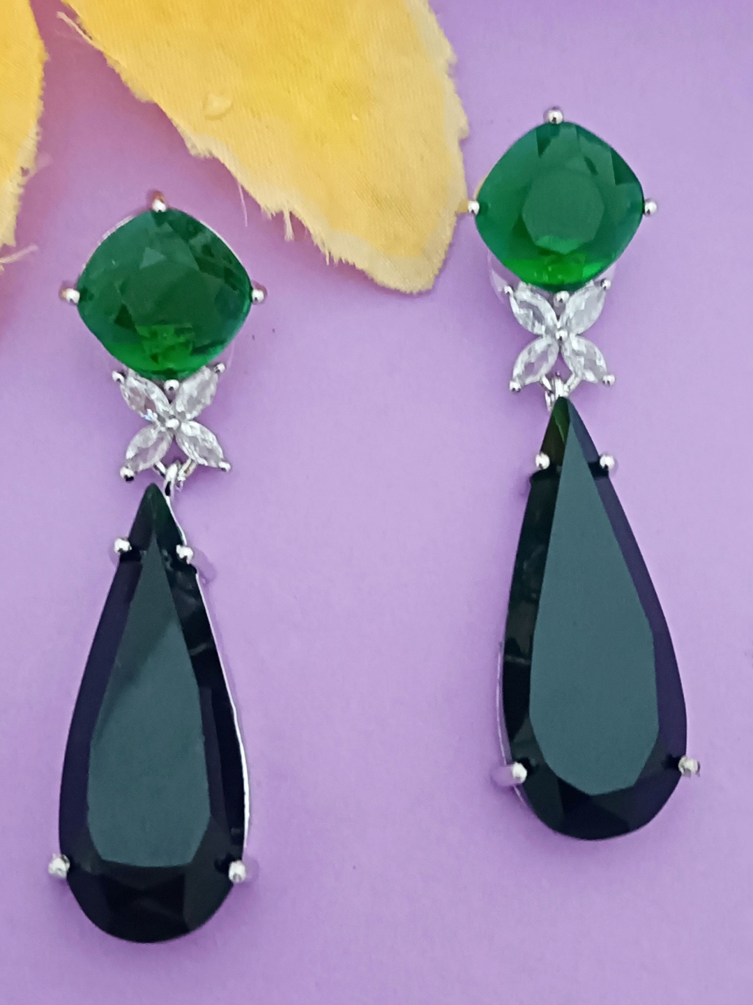 

EVY Silver-Plated Cubic Zirconia Studded Contemporary Drop Earrings, Green
