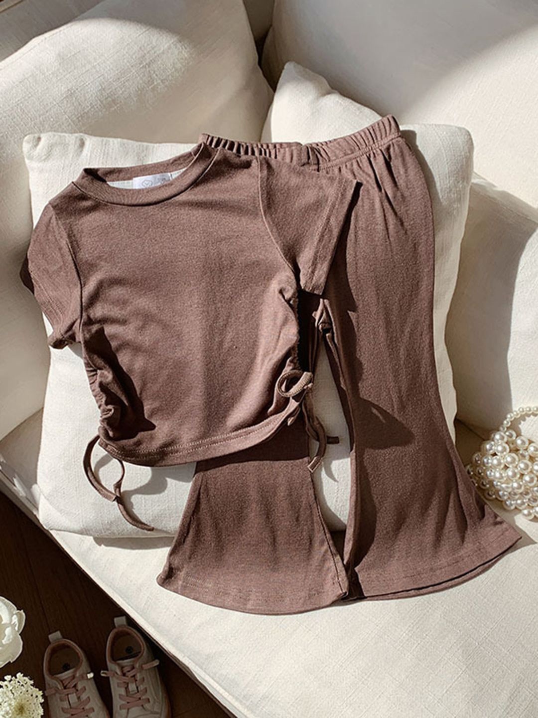 

YK Girls Short Sleeve Top & Trousers Clothing Set, Brown