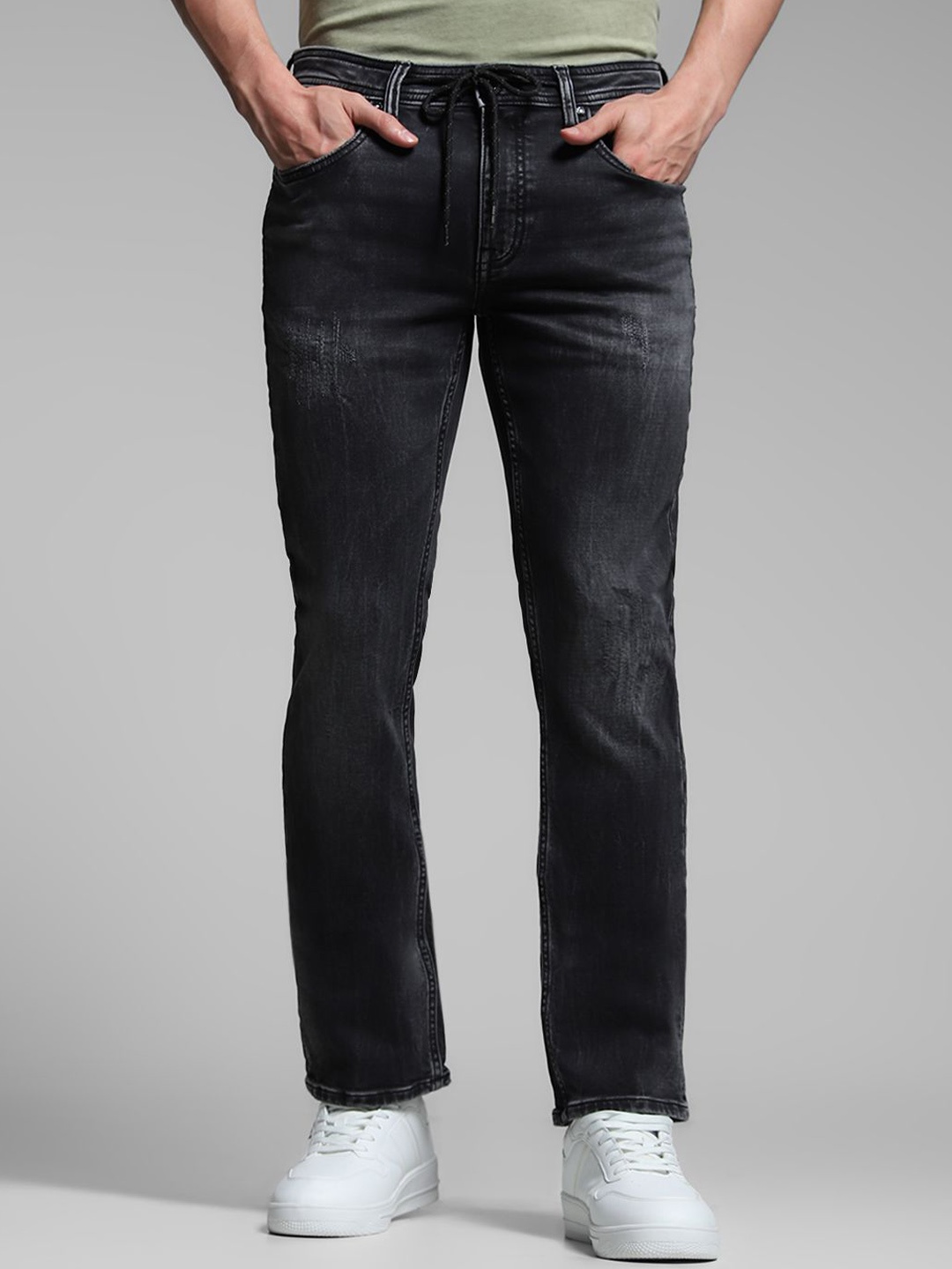 

Jack & Jones Men Clark Low-Rise Mildly Distressed Light Fade Stretchable Jeans, Black