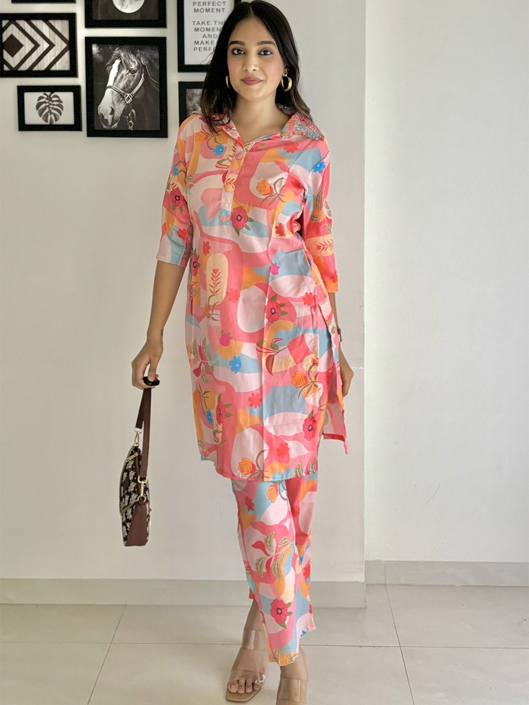 

FFI Floral Print Rose Silk Co-ord set, Peach