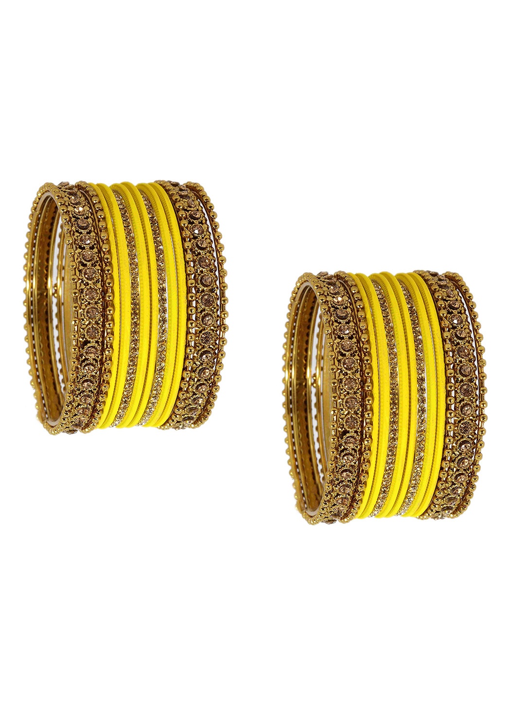 

ZULKA Set Of 28 Metal With Zircon Gemstone Studded Traditional Bangles, Yellow