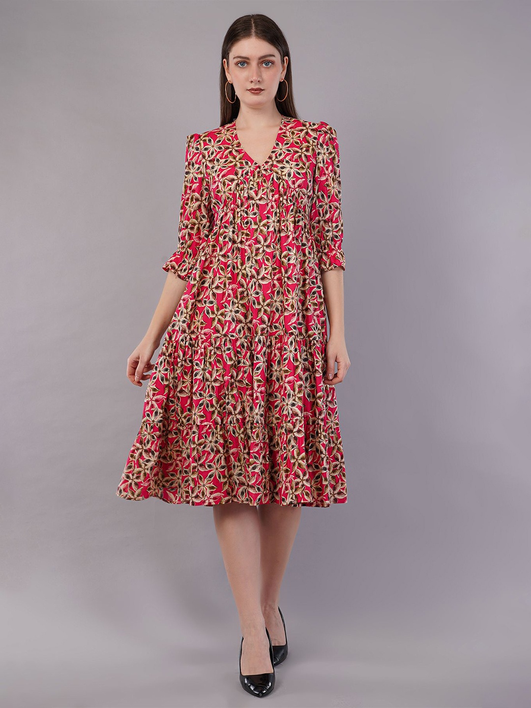 

FLY STITCH Floral Print Puff Sleeve Fit & Flare Midi Dress, Pink