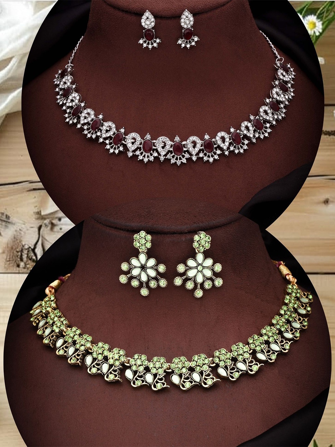 

DIVASTRI Set Of 2 Gold-Plated American Diamond Studded Jewellery Sets