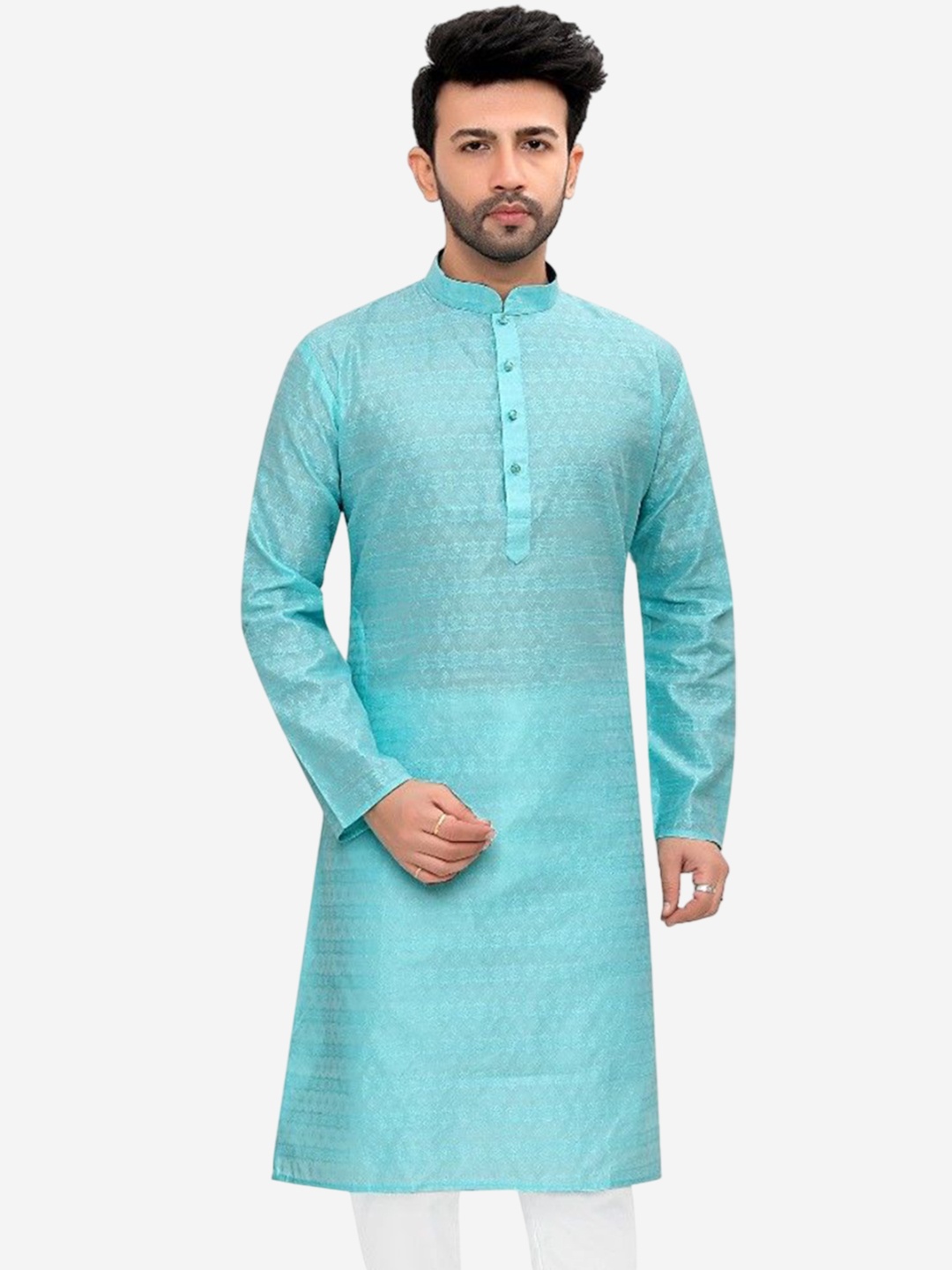 

Authentics Floral Embroidered Mandarin Collar Thread Work Straight Silk Kurta, Blue