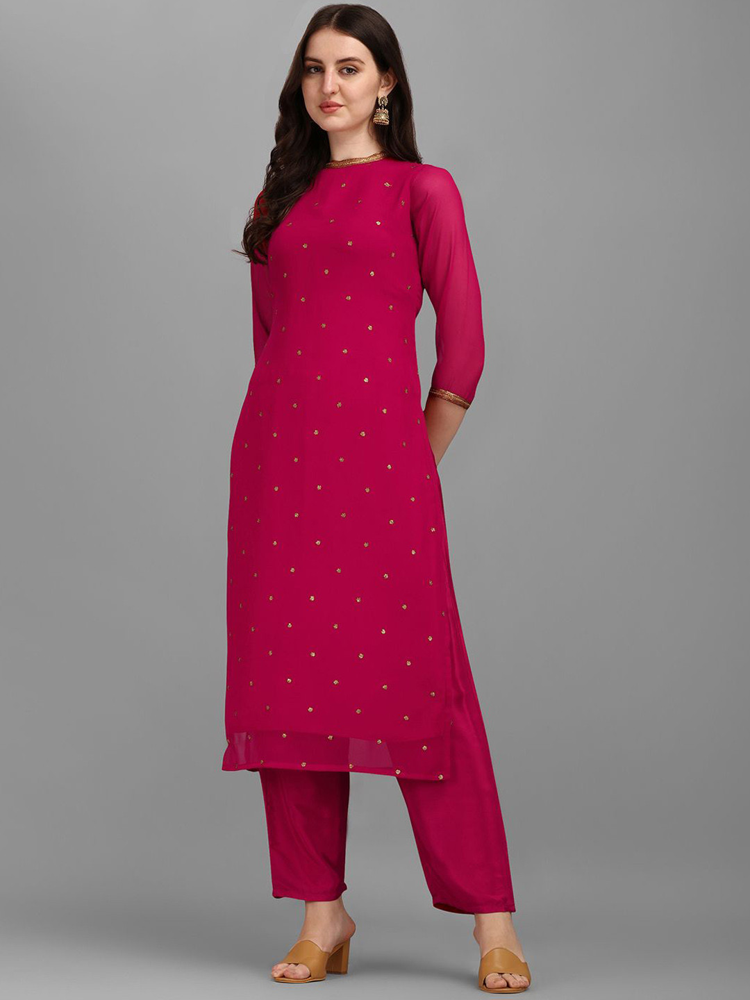 

DIVASTRI Micro & Ditsy Embroidered Sequinned Round Neck Straight Kurta With Trousers, Magenta