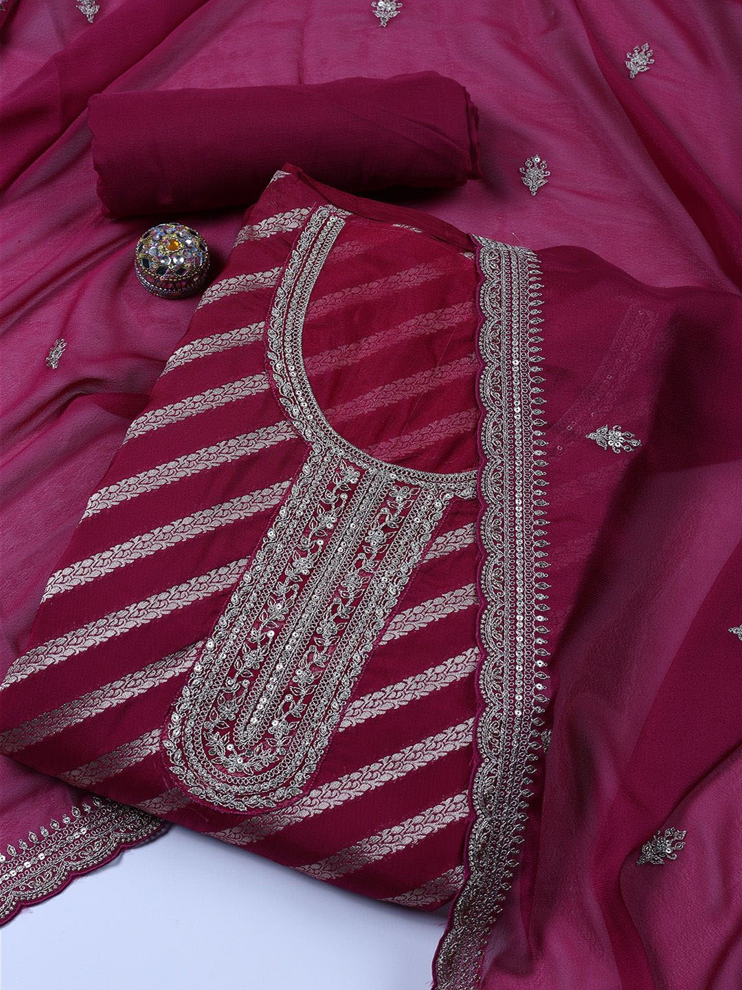 

Meena Bazaar Art Silk Unstitched Dress Material, Burgundy