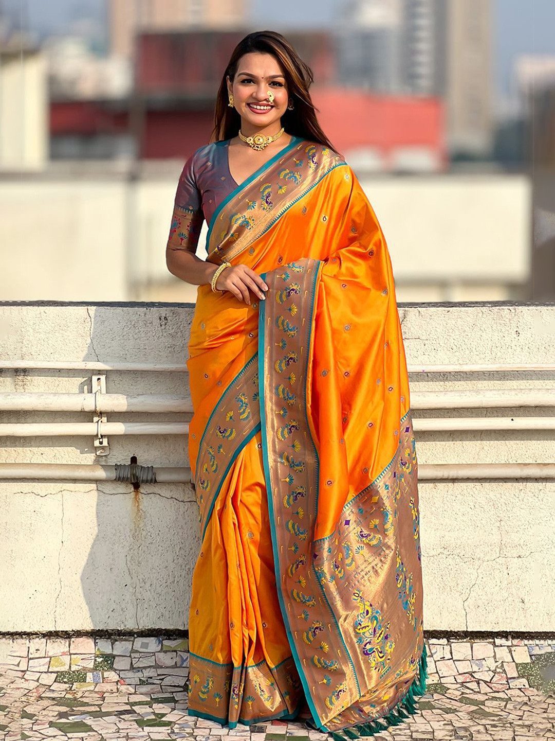 

all about you Woven Design Zari Silk Blend Paithani Saree, Orange