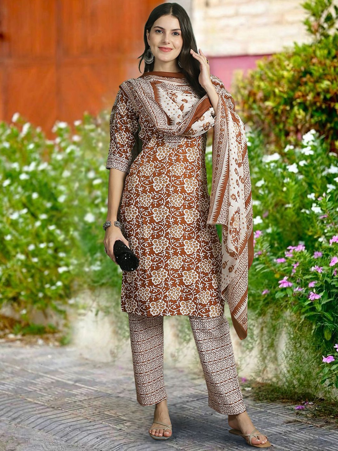 

Moda Rapido Women Ethnic Motifs Printed Regular Pure Cotton Kurta with Trousers & With Dupatta, Brown