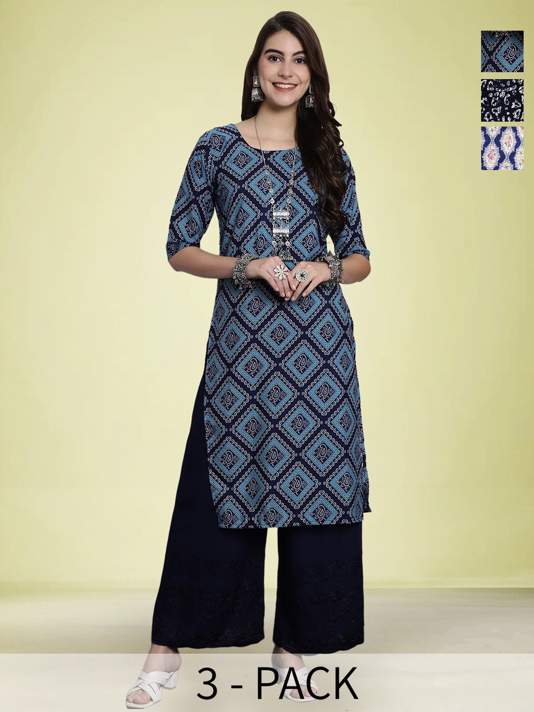 

Moda Rapido Selection Of 3 Floral Printed Round Neck Straight Kurtas, Blue