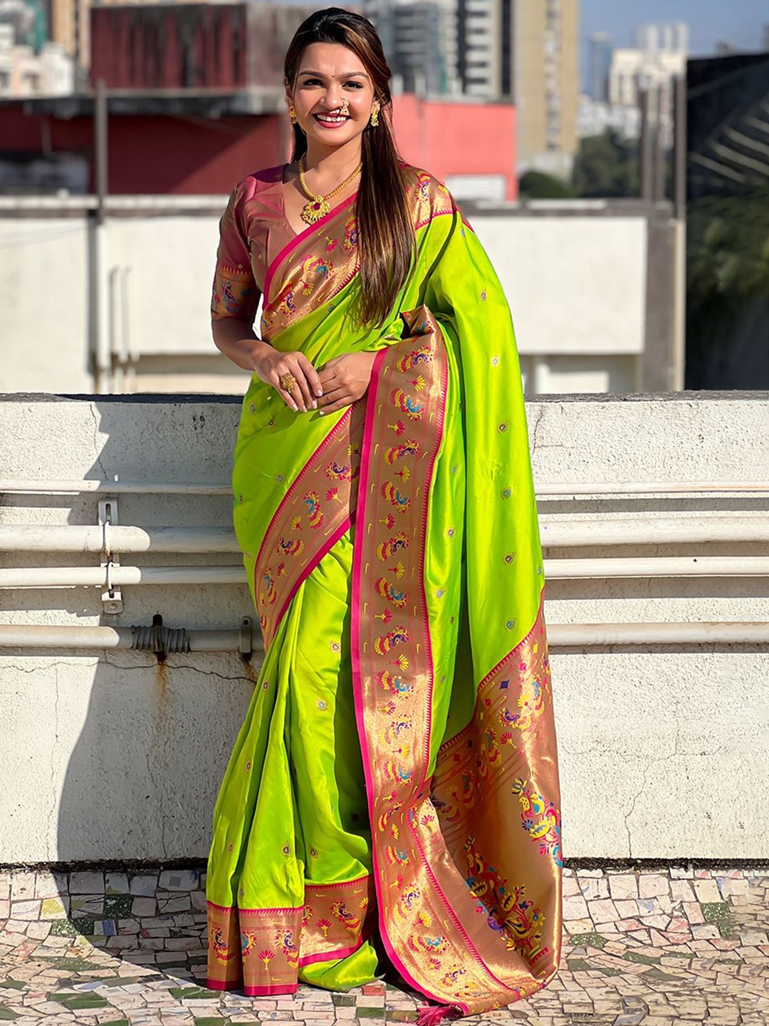 

all about you Woven Design Zari Silk Blend Paithani Saree, Green