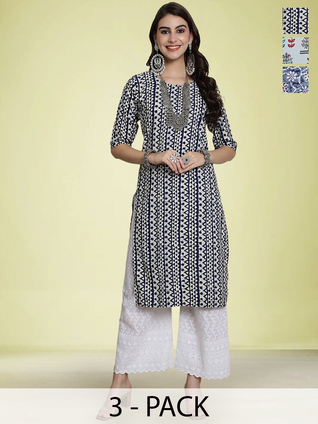 

Moda Rapido Selection Of 3 Floral Printed Round Neck Straight Kurtas, Grey