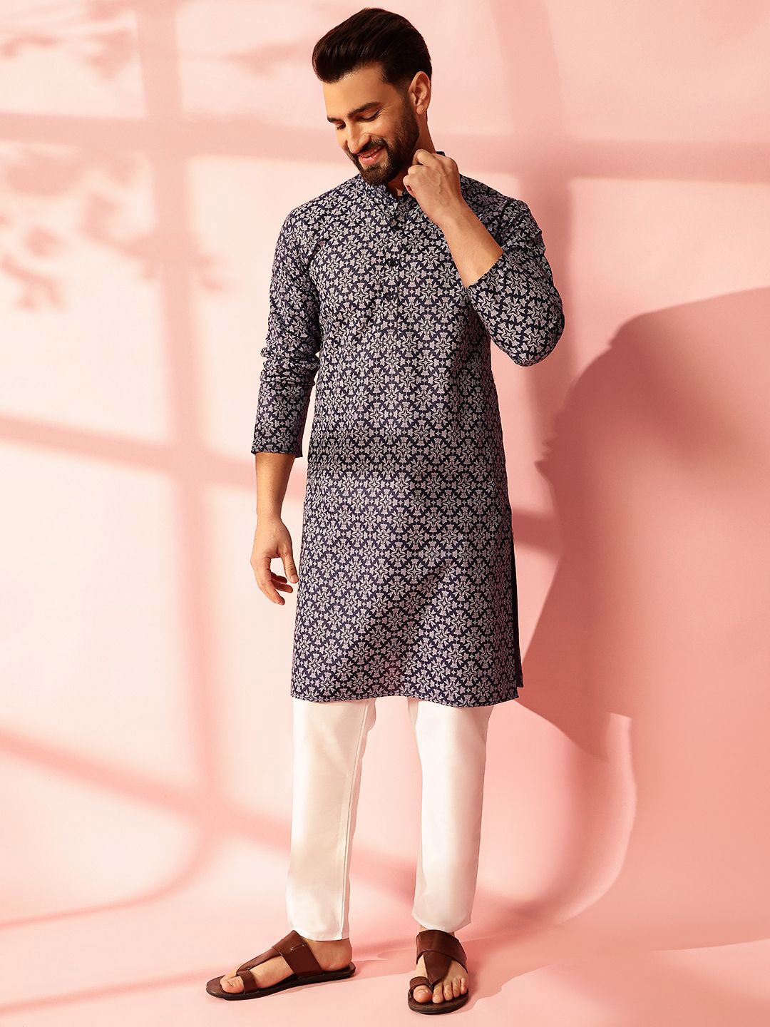 

Anouk Floral Printed Mandarin Collar Cotton Linen Straight Kurta, Navy blue
