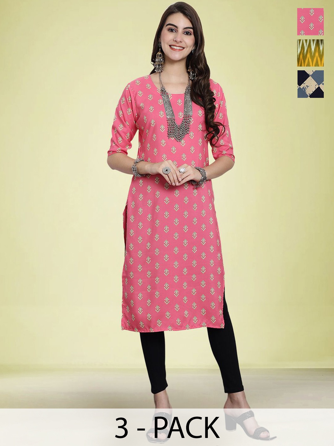 

Moda Rapido Selection Of 3 Geometric Printed Round Neck Straight Kurtas, Pink