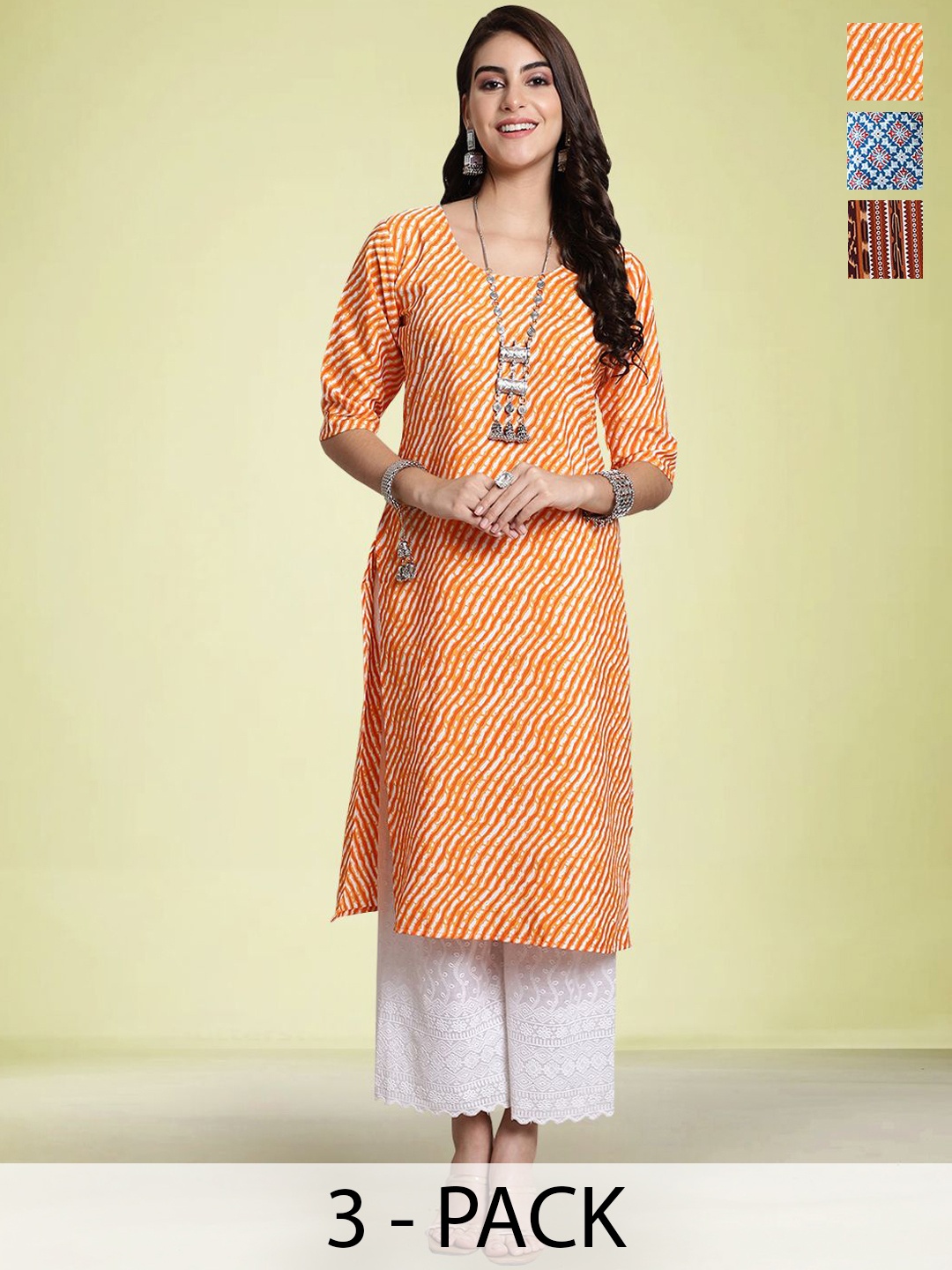 

Moda Rapido Selection Of 3 Floral Printed Round Neck Straight Kurtas, Blue