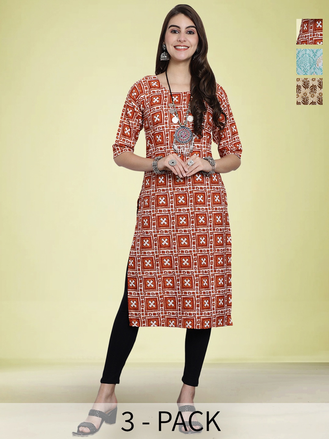 

Moda Rapido Selection Of 3 Geometric Printed Round Neck Straight Kurta, Maroon