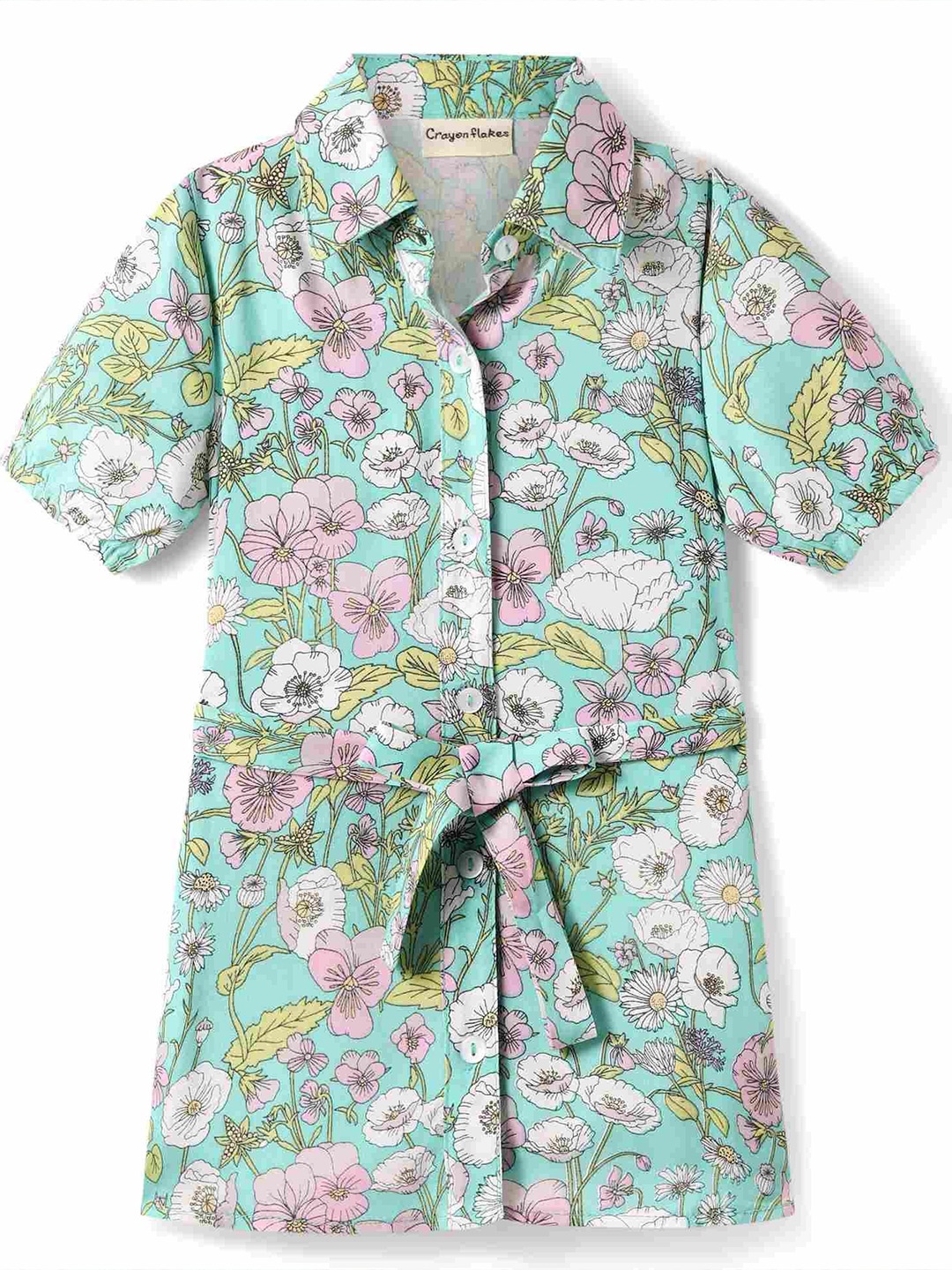 

CrayonFlakes Floral Print Puff Sleeve Shirt Dress, Green