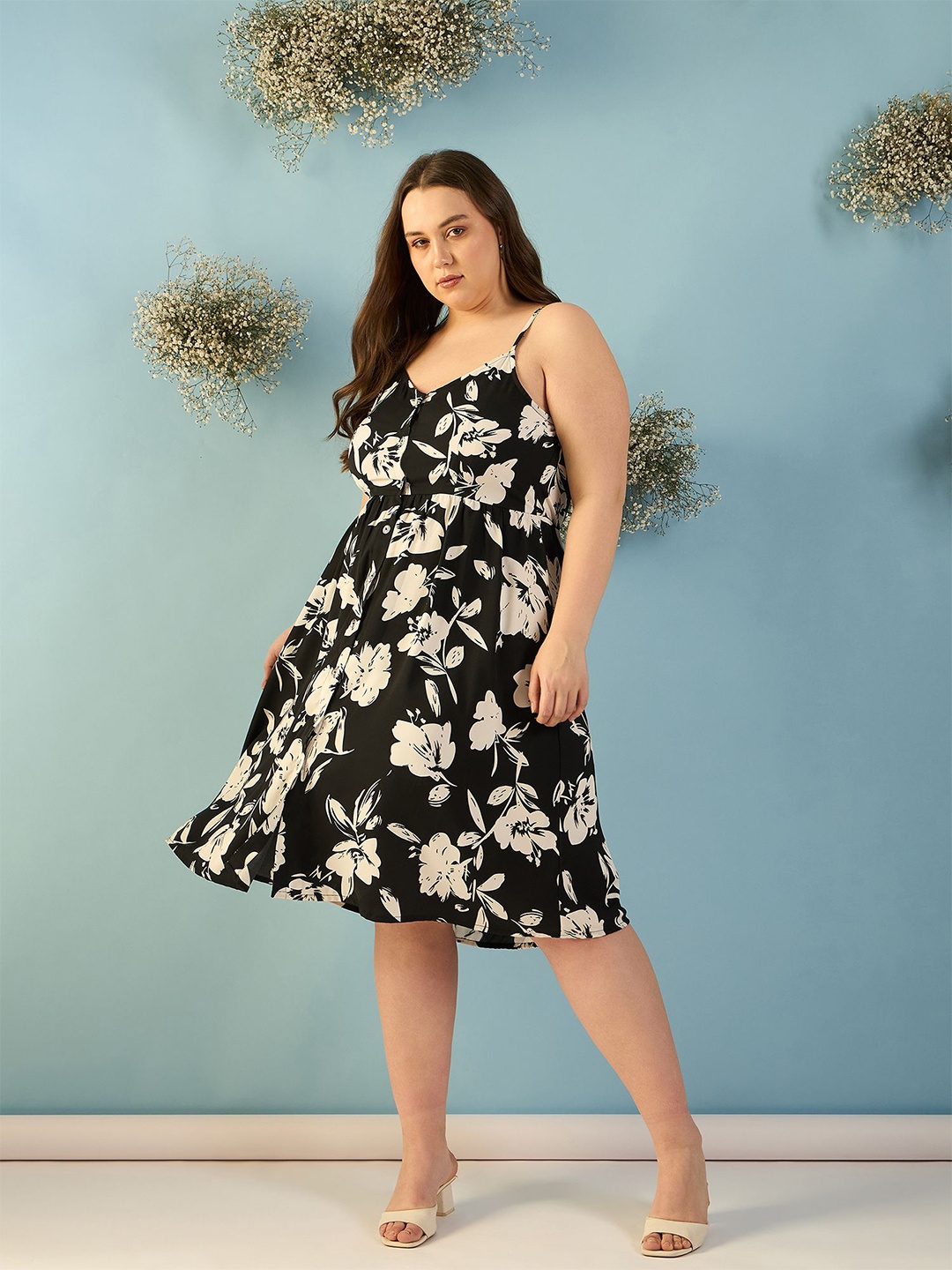 

KIBO CURVE Floral Print Crepe Fit & Flare Midi Dress, Black