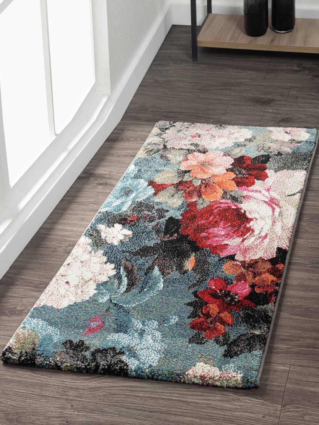 

OBSESSIONS Grey & Red Floral Printed Floor Runners, Blue