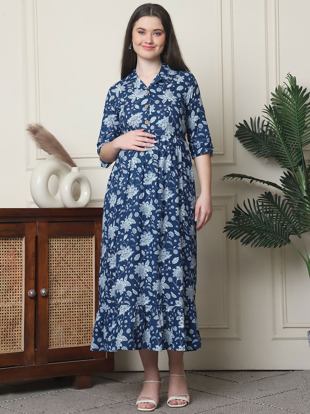 

Frempy Floral Print Organic Cotton Maternity A-Line Maxi Dress, Navy blue