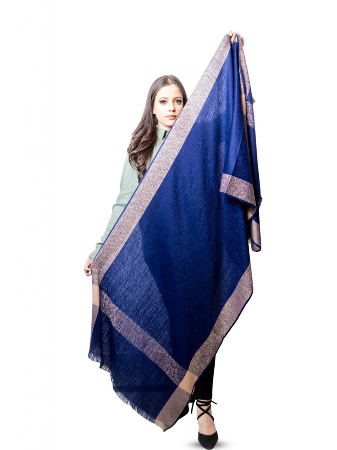 

THE SHAWL STUDIO Floral Printed Woollen Shawl, Navy blue
