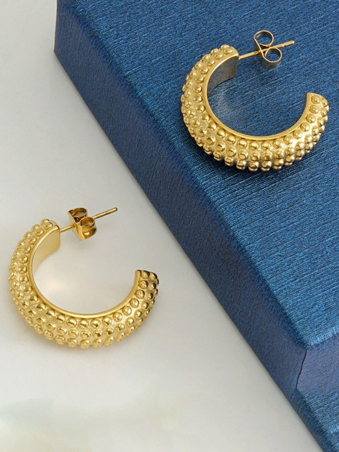 

KRYSTALZ Stainless Steel Gold-Plated Contemporary Shaped Half Hoop Earrings